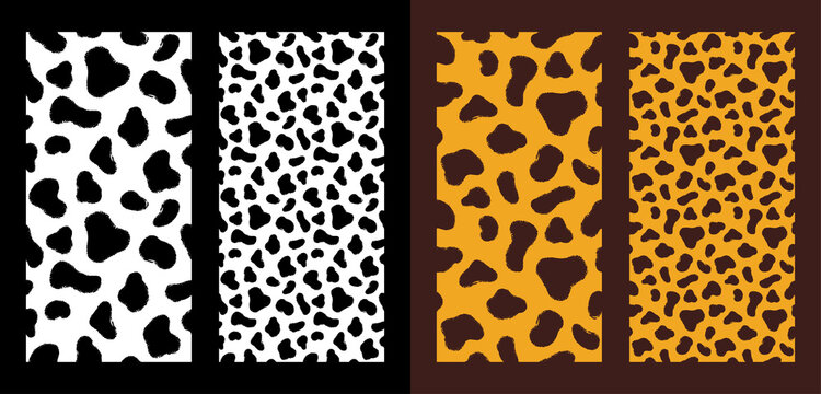 Set textures fur dalmatian, leopard, or cow seamless patterns. Animal skin with black ink hand drawn shapes vector illustrations