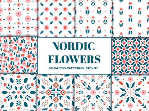 Fototapeta Big set of Scandinavian nordic floral seamless pattern with simple geometric flower elements pastel colors vector illustration
