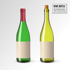 Realistic vector illustration of green wine bottle Isolated on transparent background. Front view of the wine bottle with label - 488771064