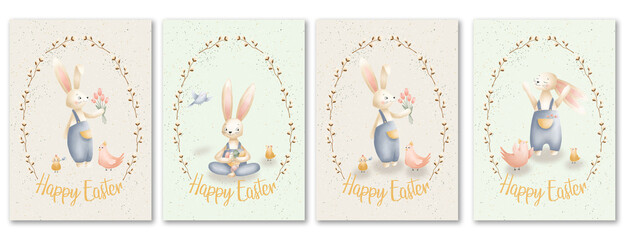Greeting card with Easter bunny, chicken, bird, flowers on white background. Use for greeting, posters, design.