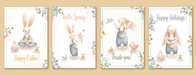 Greeting card with Easter bunny, chicken, bird, flowers on white background. Use for greeting, posters, design.