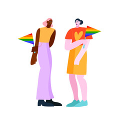 Colorful vector illustration with two people. Two girls of different ethnicity with rainbow flags in support of LGBT community. Diversity, activism.