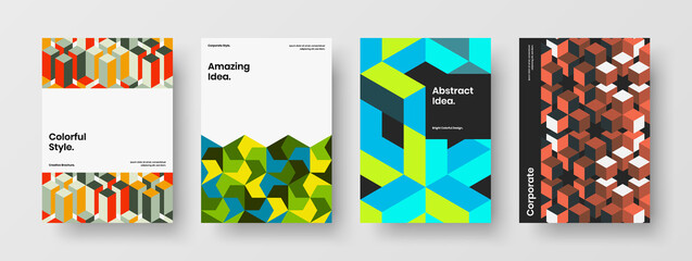 Trendy company brochure vector design illustration composition. Clean mosaic hexagons postcard layout collection.