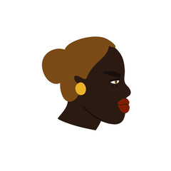 Profile portrait of a woman in vector. Illustration depicting african american girl with golden earring. Minimalist drawing.