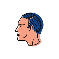 Minimalist vector illustration with profile portrait of a girl. Lady with blue hair. Woman with short haircut.