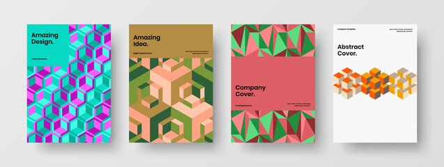 Vivid geometric pattern book cover concept set. Bright handbill vector design template composition.