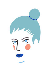 Minimalist vector illustration with girl's portrait. Young lady with blue hair on white background. Depiction of woman with bun hairstyle.