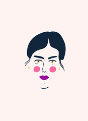 Minimalist vector portrait of a girl with navy hair. Depiction of woman's face with pink cheeks and purple lipstick.