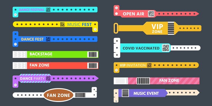 Event entrance plastic bracelet, pass wristband for concert. Wrist band with qr code covid vaccinated. Vip party access control vector set