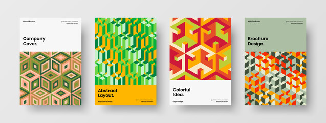 Naklejka premium Simple mosaic hexagons front page illustration set. Multicolored corporate identity design vector template composition.