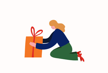 Minimalist vector illustration with a girl. Lady with gift box. Celebration. Holiday season, new year, christmas.