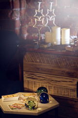 Blurred Tarot cards layout on witch table. Esoteric concept and astrology, Fortune telling tarot predictions background