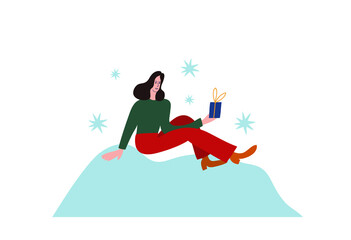 Vector illustration dedicated to winter holidays. Depiction of a girl holding box with present. Festive image for Christmas and New Year celebration. 