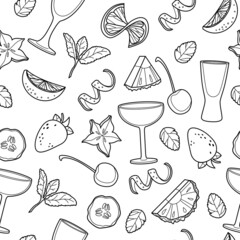 Vector bar cocktail and drink seamless pattern. Vector line art illustration