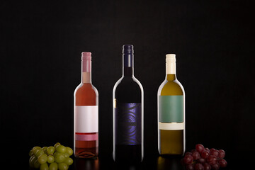 Three bottles of wines, red, rose and white in a studio shot with grapes as prop on each side