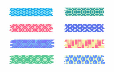 Set of colorful patterned washi tape strips. Cute decorative scotch tape isolated on white background