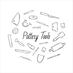 Obraz premium Hand-drawn illustration of instruments, used in ceramic workshop. Pottery tools, handmade ceramics instruments, forming, glazing and firing.