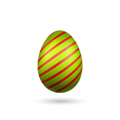 Easter egg 3D icon. Green red egg, isolated white background. Bright realistic design, decoration for Happy Easter celebration. Holiday element. Shiny pattern. Spring symbol. Vector illustration