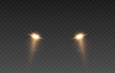 Vector light from the headlights PNG. Light from the headlights of a car on an isolated transparent background. Round headlights, yellow light PNG. Road lighting. PNG.