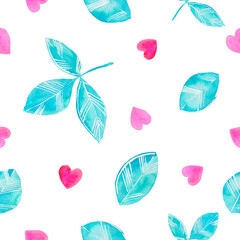 Torquoise green leaves, seamless pattern. Watercolor illustration, hand painting. 
