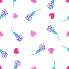 Fotobehang Vlinders Violette bloemen, naadloos patroon. Aquarel illustratie, hand schilderen.