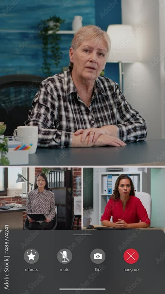 Poster vertical video: multiethnic group of people using remote teleconference call to chat on internet con