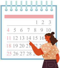 Naklejka na ściany i meble Month planning or to do list concept. Woman standing near giant calendar pointing to date. Task scheduling, work process organization. Time management, Calendar business planning and daily schedule