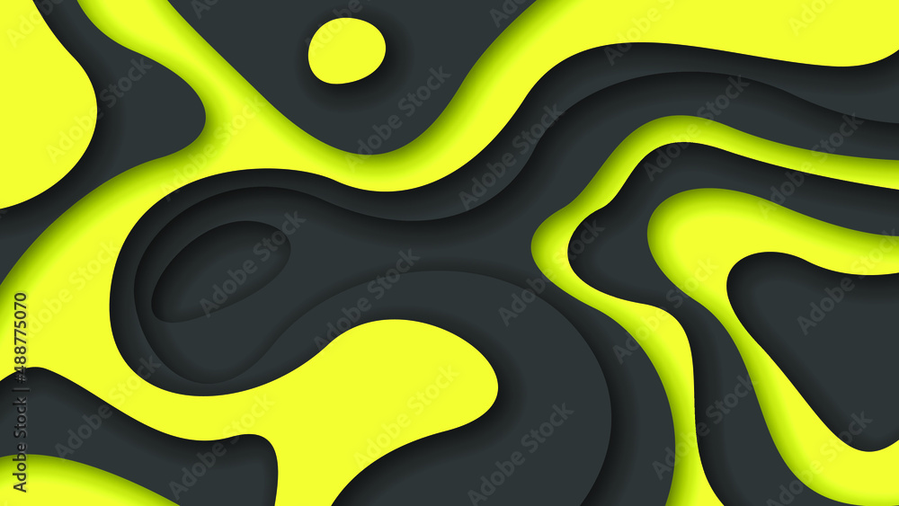 Poster yellow and black wavy abstract paper cut background vector shadows 3d smooth objects modern design f
