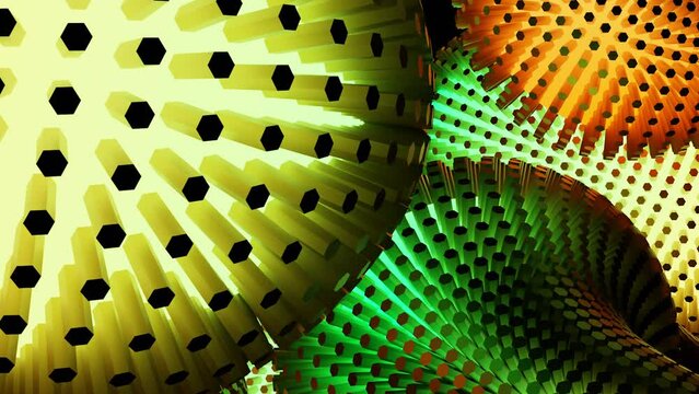 3D animation with bulging abstract circles. Design. Glowing bulges move in waves. Psychedelic 3d animation of bulges with wavy movements and expansion