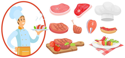 Man holds plate with ready-made meal. Kitchener serving dish from chef, food at cafe. Male character with hot steak on plate near different pieces of meat, beef, pork. Chef stands with grilled meat