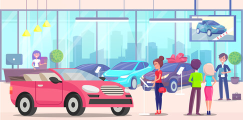 Car center, people customer buyer choosing automobile in store. Test drive of auto, auto showroom, sale of luxury transport, girl in distribution shop. Character examines transport for purchase