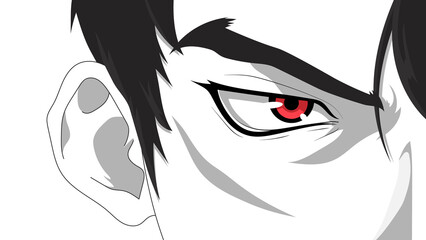 Cartoon face with red eyes for anime, manga. Vector illustration in japanese style - obrazy, fototapety, plakaty