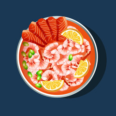 Bowl topped with shrimp, lemon, fish, and beans. Top view isolated vector illustration.