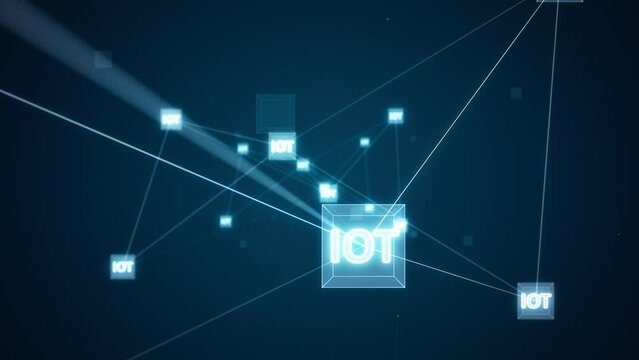 Motion graphic of Blue digital IOT icon and futuristic cube with network connection Meta verse abstract background concept camera zoom out seamless loop video