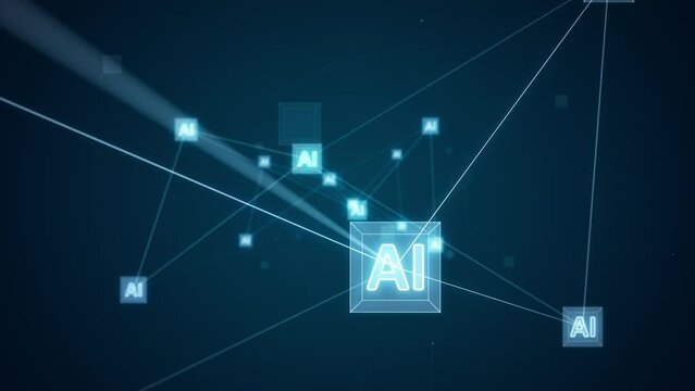 Motion graphic of Blue digital AI icon and futuristic cube with network connection Meta verse abstract background concept camera zoom out seamless loop video