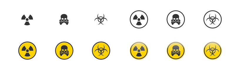 Danger yellow signs. Radiation, biohazard, death, toxic set icon in different styles. Vector isolated