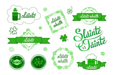 Health and Wealth, Good Health, Irish wish. Hand lettering in Gaelic, clipart with shamrock, frames, ribbons