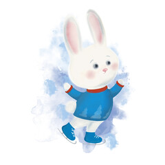 Watercolor Cute bunny on skates and in a knitted sweater - 488777097