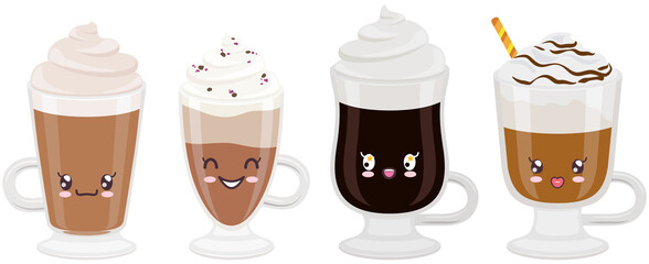 Cute cups of coffee set sticker kawaii icon vector design. Adorable cute hot drinks, coffee to go, latte in cup with positive emotions, japanese, oriental culture symbol anime, facial expression