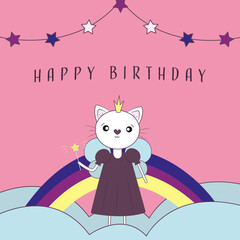 Greeting card, poster Happy birthday for children. Postcard with a fairy cat on a pink background. Vector illustration.