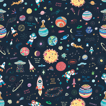 Space planets funny doodle universe objects vector seamless pattern