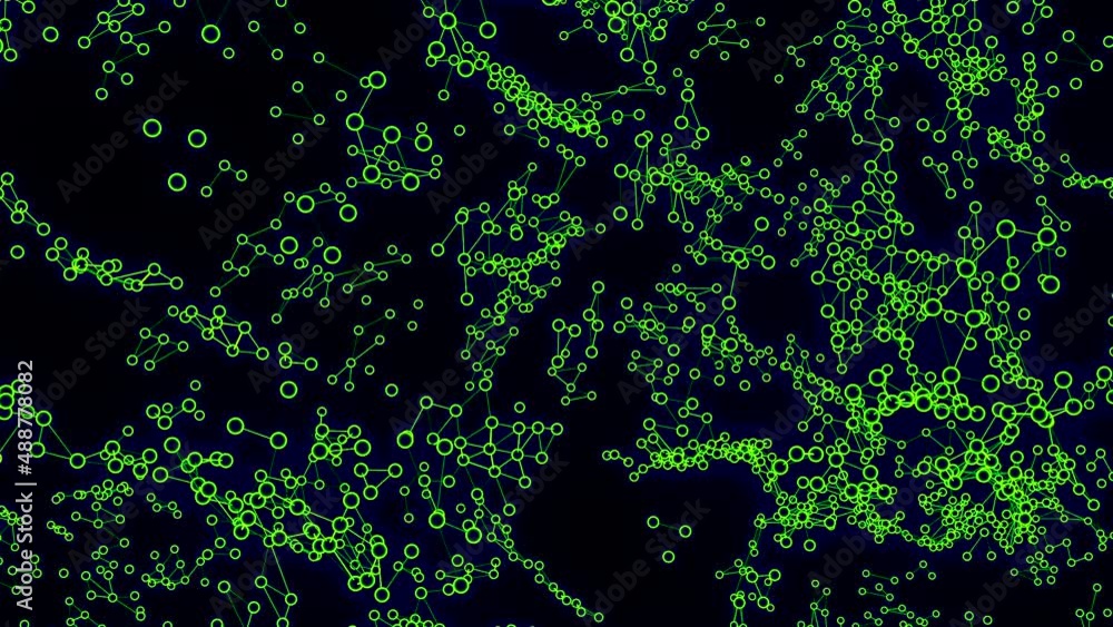 Poster moving dots with chains on black background. design. moving chains with bacteria under microscope. i