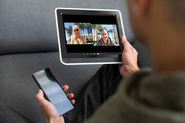 Closeup of a woman talking through video chat on tablet. communicating tablet in video chat through webcam.