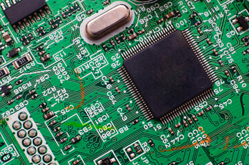 Electronic circuit. Electronic printed circuit board. Part of the motherboard of a desktop computer, laptop, radio elements