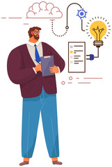 Concept of type of mental thinking with businessman with logical and mathematical mindset. Male character looks at sequence of symbols. Structural representation of human thinking, individual mind