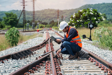 worker on the railway. The young engineer and check sheet monitor rails. The sky behind the...