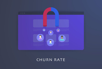 Ecommerce Churn Rate concept. Marketing Metric of the number of customers your business retains and at what value cost. Flat design vector illustration with website and magnet that attracts customers