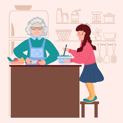 Granddaughter helps grandmother in the kitchen. Little girl is stirring the salad. Elderly woman cuts vegetables. Silhouette of a refrigerator and kitchen utensils in the background. Housework.