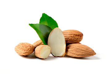Almonds nut with leaves isolated on white background. They are highly nutritious and rich in healthy fats