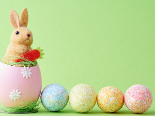 Happy Easter concept. Artificial cute bunny on the shells egg on green background. Copy space.
